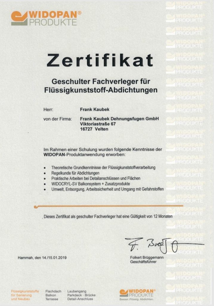 Kaubke-Frank-Zertifikat-WIDOPAN-Fluessigkunststoff-Adichtungen-WIDOCRYL-SV-Balkonsystem-Zusatzstoffe.